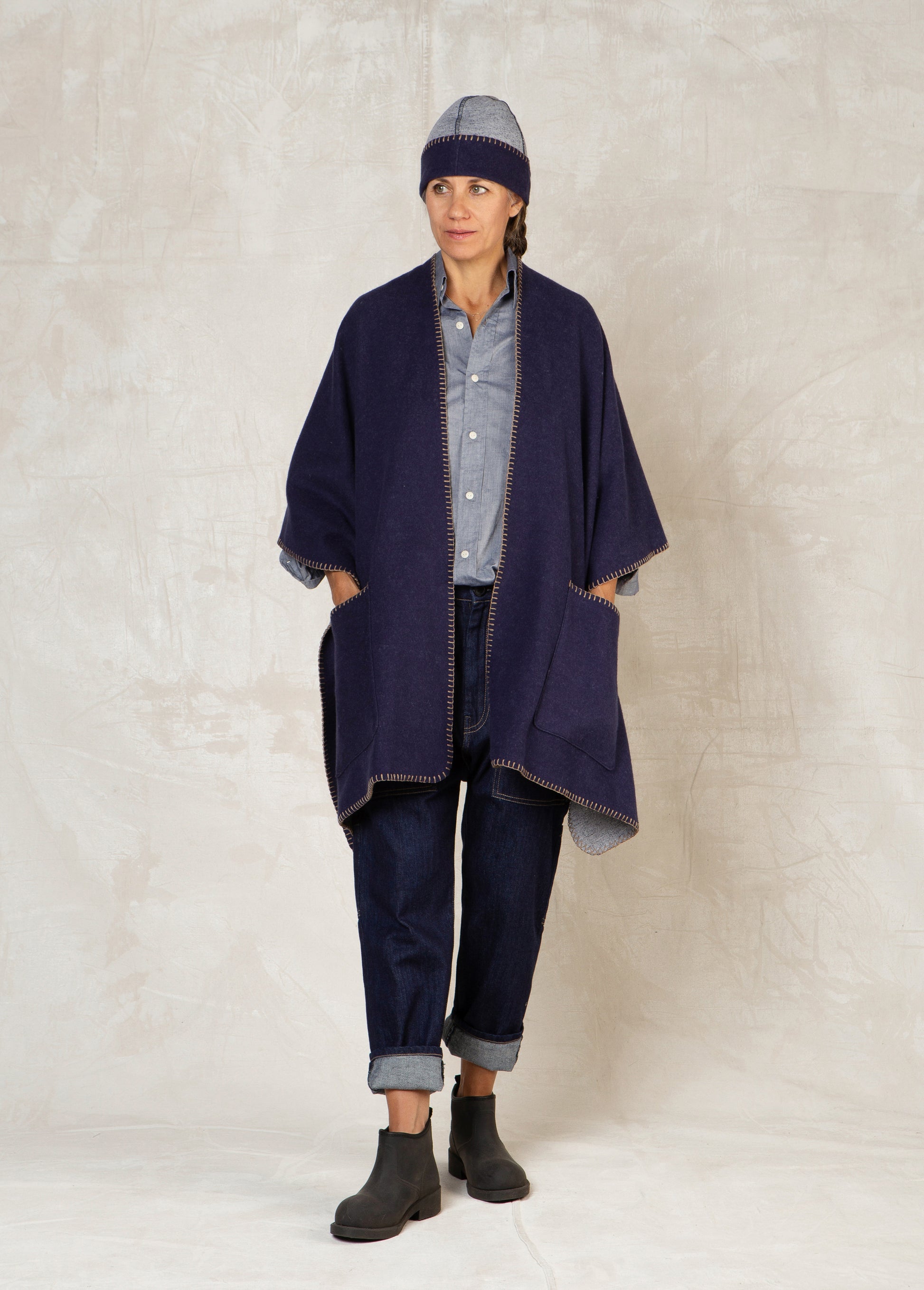indigo blue fleece poncho open front with stitching