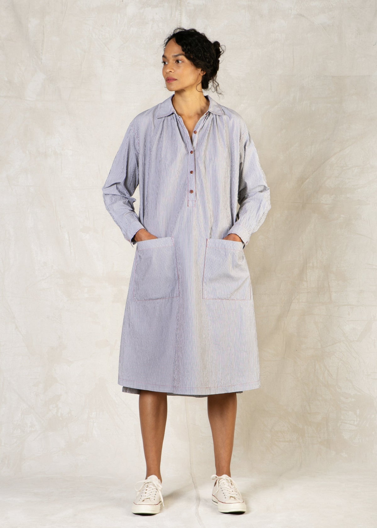 cotton long sleeve collared stripe dress side patch pockets