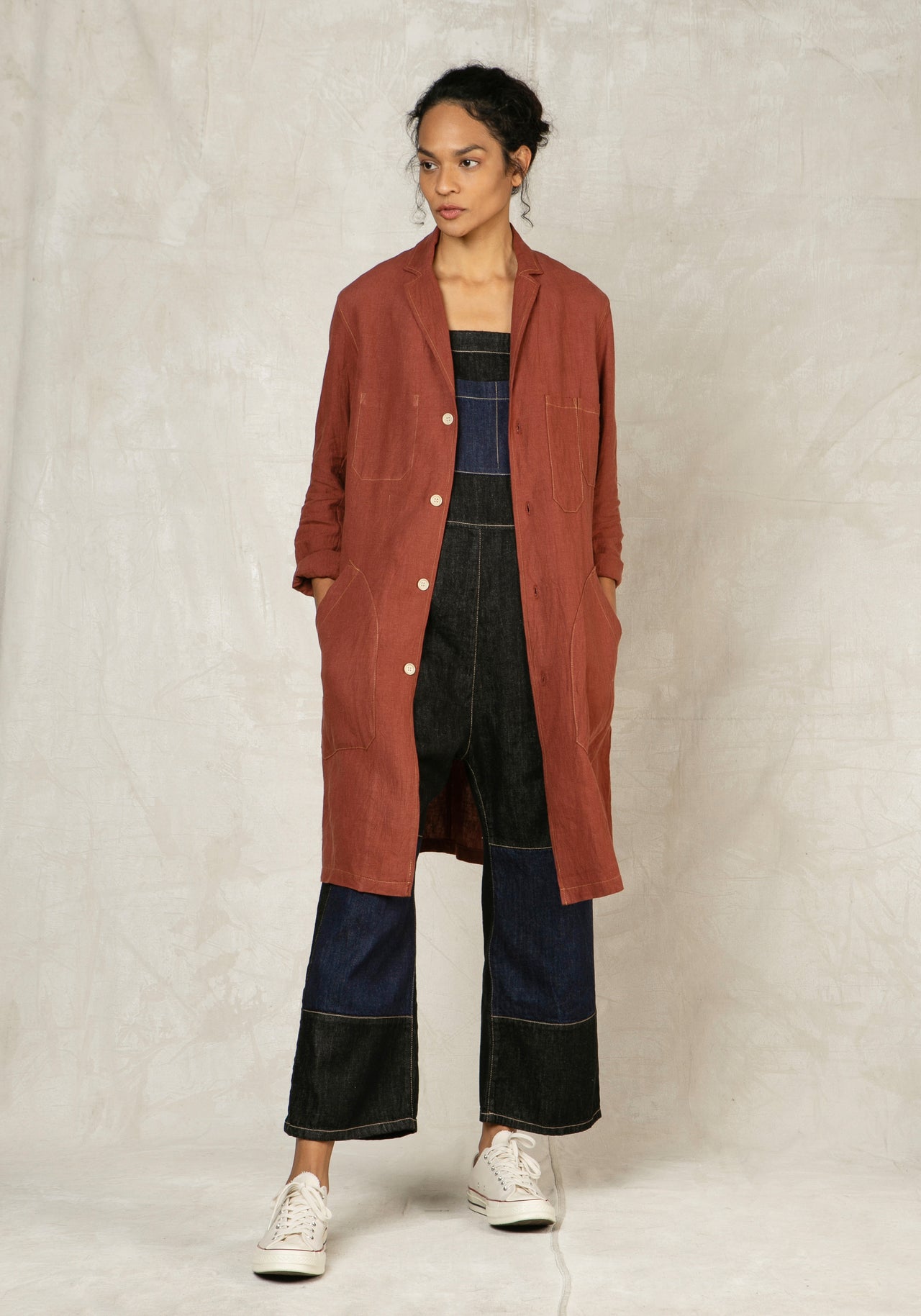 clay mid length button down linen coat 