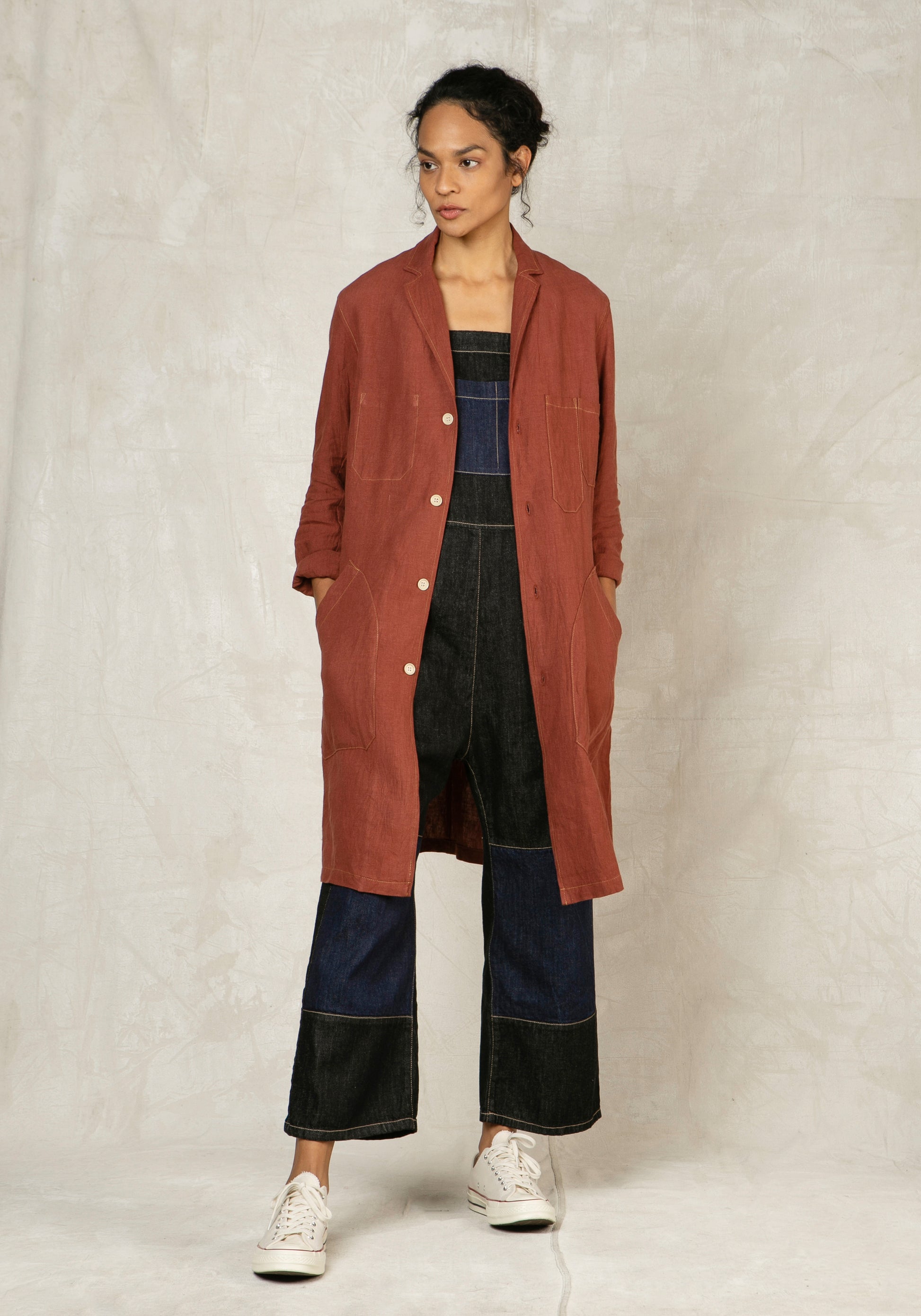 clay mid length button down linen coat 