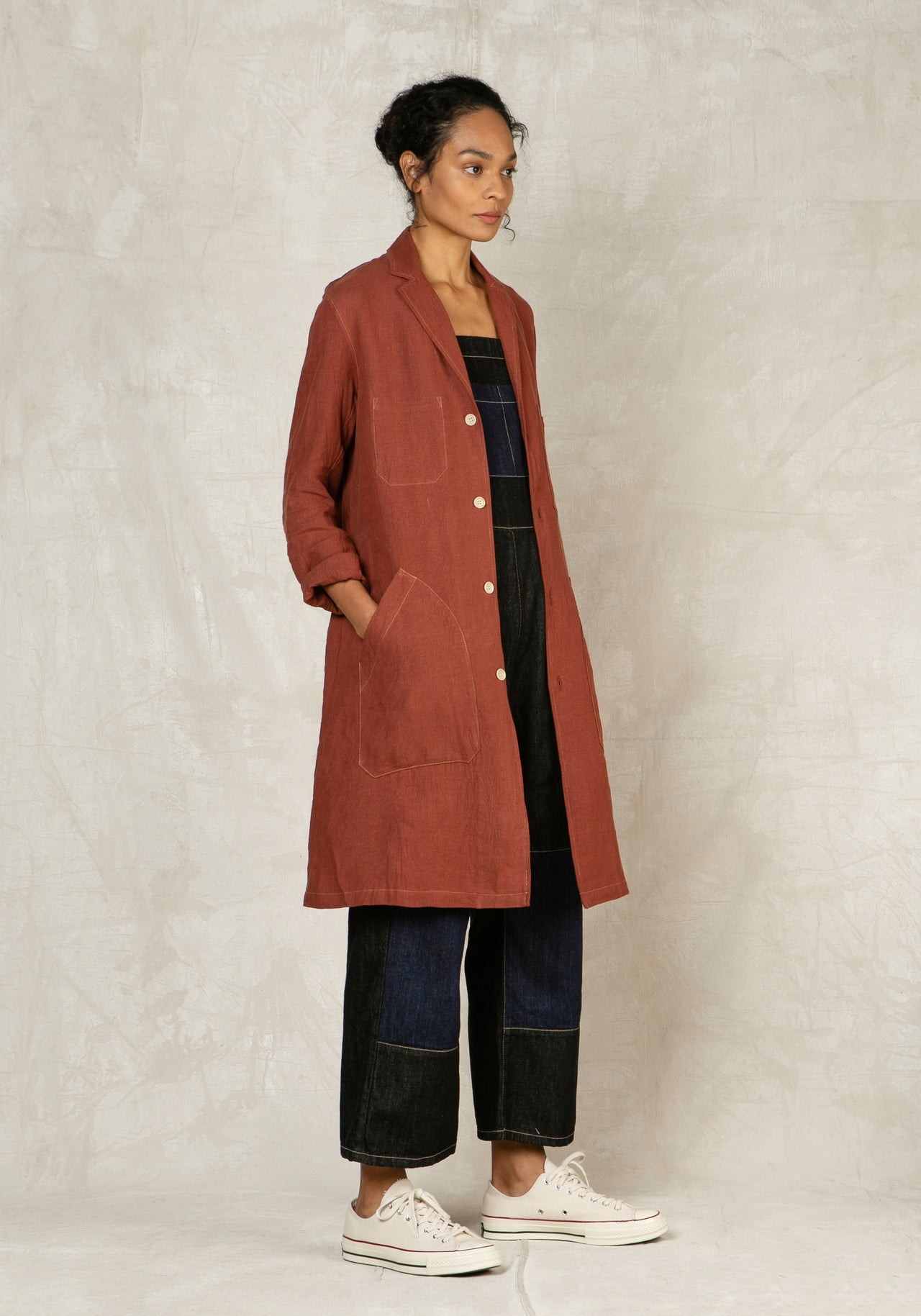 clay mid length button down linen coat 