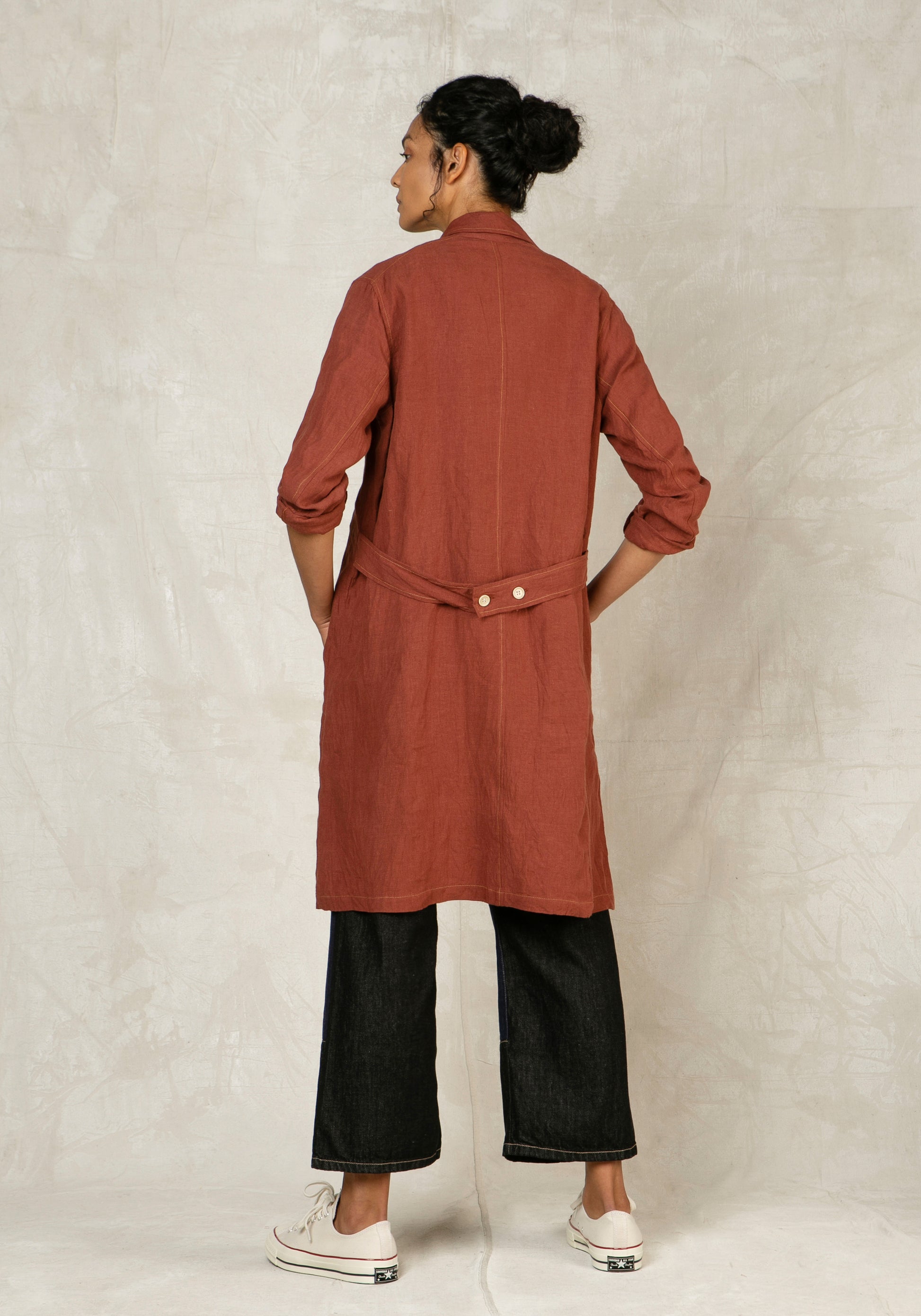 clay mid length button down linen coat back view