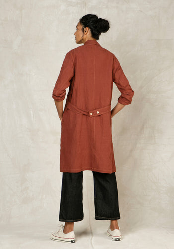 clay mid length button down linen coat back view